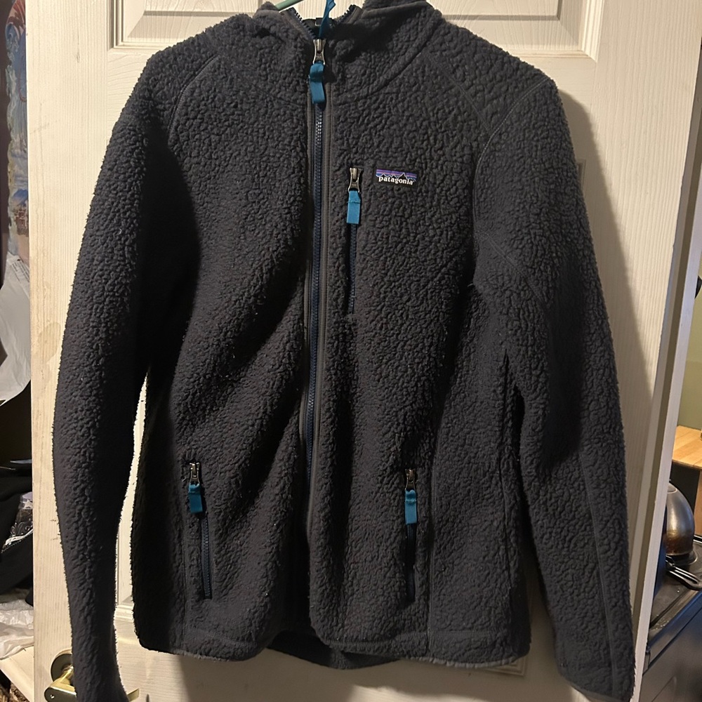 Patagonia retro pile Sherpa fleece hoodie coat. Zips. Women’s L. Charcoal & blue